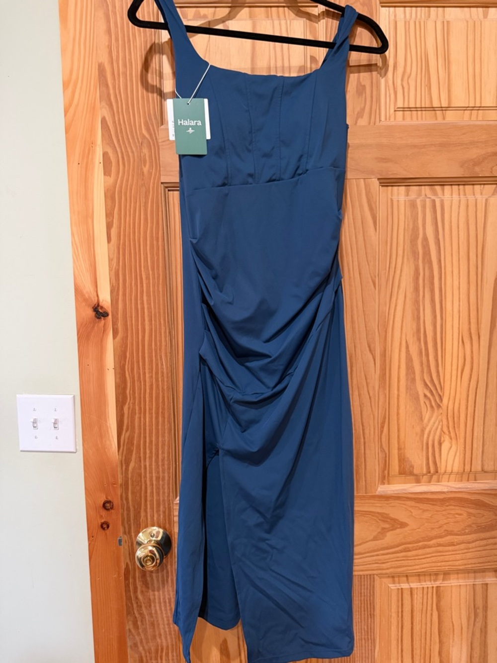 HALARA Teal Sleeveless Draped Midi Dress
